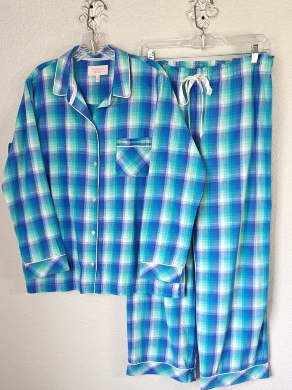 Victoria's Secret Size L Cotton Pajama Set Multicolored Blue Plaid